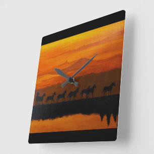 Wild Horses of Montana Painting by Alfred Fox Square Wall Clock