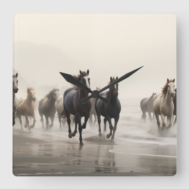 Wild horses on a foggy beach square wall clock (Front)