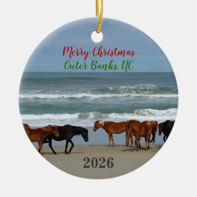 Wild Horses Outer Banks OBX 2026 Christmas Ceramic Ornament (Front)
