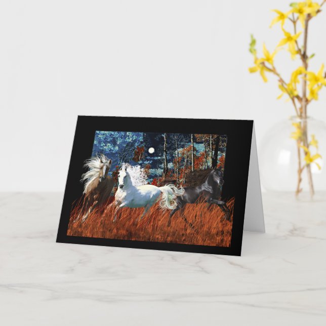 Wild horses prancing in a twilight sky card (Yellow Flower)