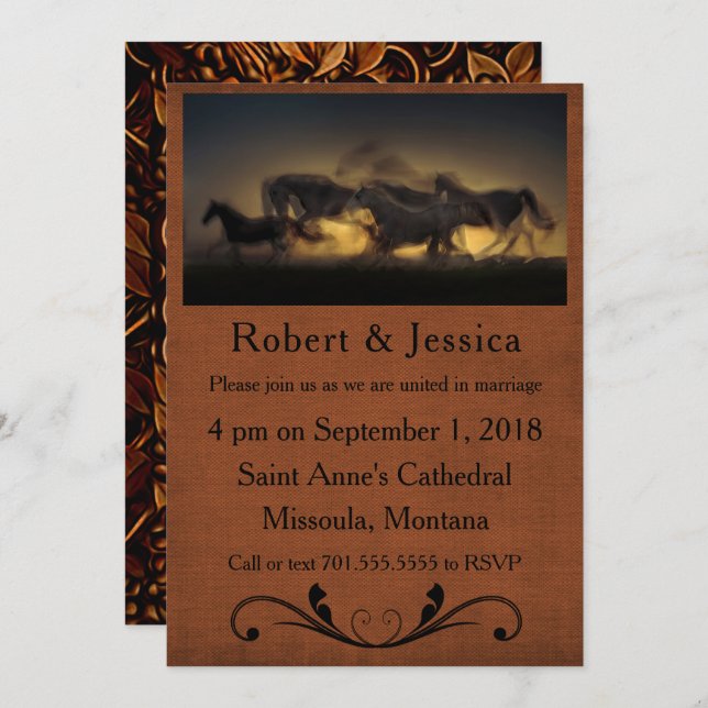 Wild Horses Running & Brown Background Western Invitation (Front/Back)