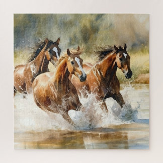 Wild Horses Running Brown Black Watercolor  Jigsaw Puzzle