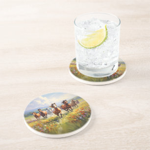 Wild Horses Running in a Wildflower Meadow Coaster