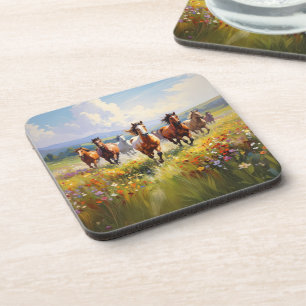 Wild Horses Running in a Wildflower Meadow Coaster