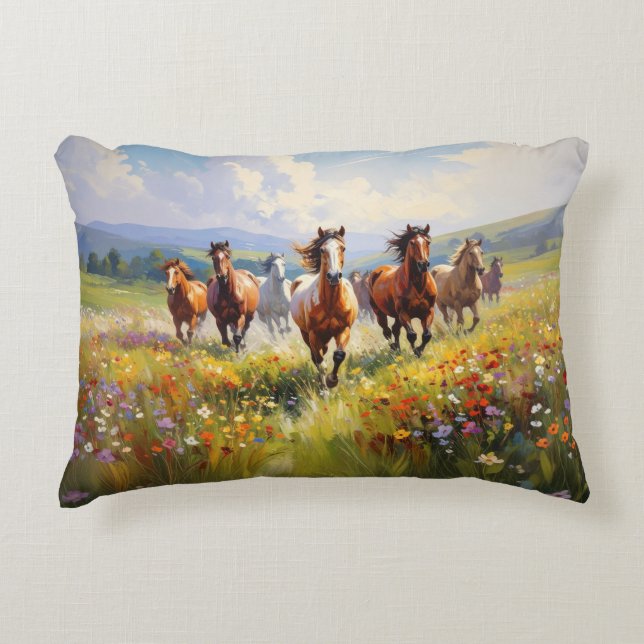 Wild Horses Running in a Wildflower Meadow Decorative Cushion (Front)