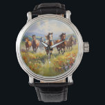 Wild Horses Running in a Wildflower Meadow Watch<br><div class="desc">Terrific gift idea for cowgirls,  cowboys and western art lovers,  a gorgeous painting of wild horses running in a grassy field of wildflowers on a watch of your choice. Shown in the large vintage leather,  but there are many various styles to choose from.</div>