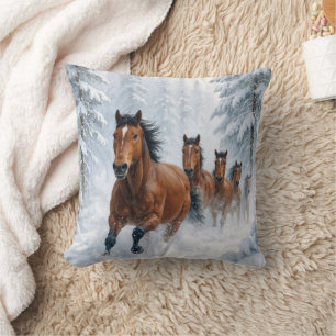 Wild Horses Running Through a Snowy Forest Cushion