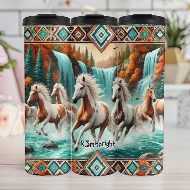 Wild Horses Running Through Autumn Waterfall  Thermal Tumbler (Creator Uploaded)
