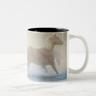 Wild horses running through water Two-Tone coffee mug