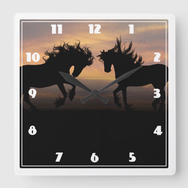 Wild Horses Silhouette Square Wall Clock (Front)