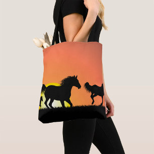 Wild Horses Sunset Silhouette Tote Bag