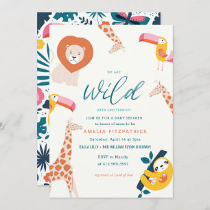 Wild Jungle Animal Baby Shower   White Invitation