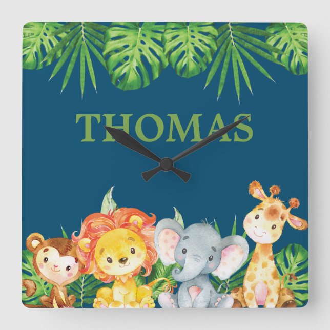 Wild Jungle Animals Safari Boy Kids Nursery Décor Square Wall Clock (Front)