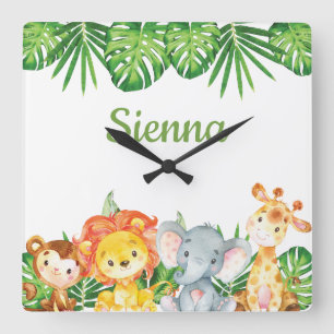 Wild Jungle Animals Safari Kids Girl Nursery Décor Square Wall Clock