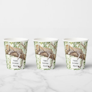 Wild Jungle Green Ivy Leopard Birthday Paper Cups