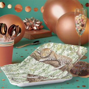 Wild Jungle Green Ivy Leopard Birthday Paper Plate