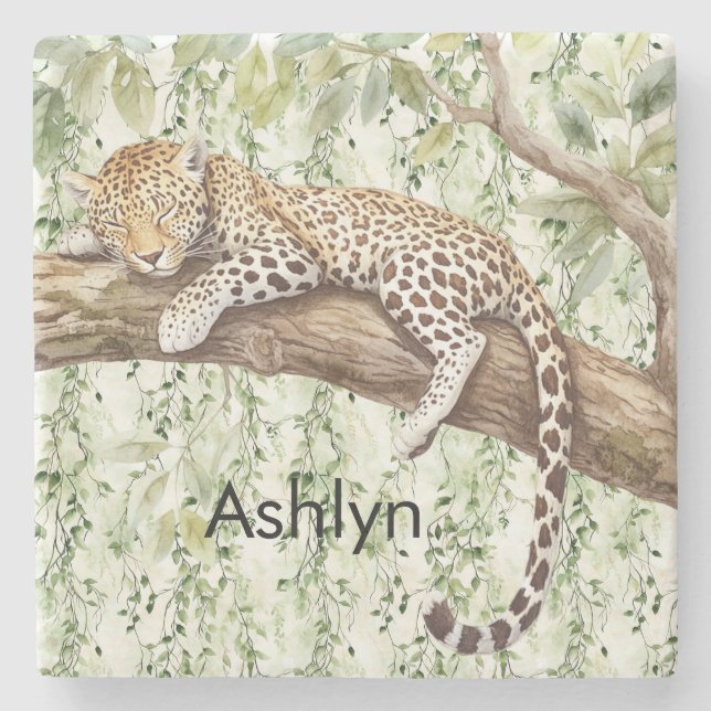 Wild Jungle Green Ivy Leopard Birthday Stone Coaster (Front)