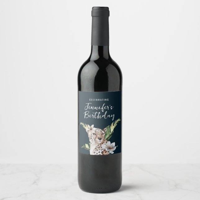 Wild Jungle Leopard Adult Birthday Party  Wine Label (Front)