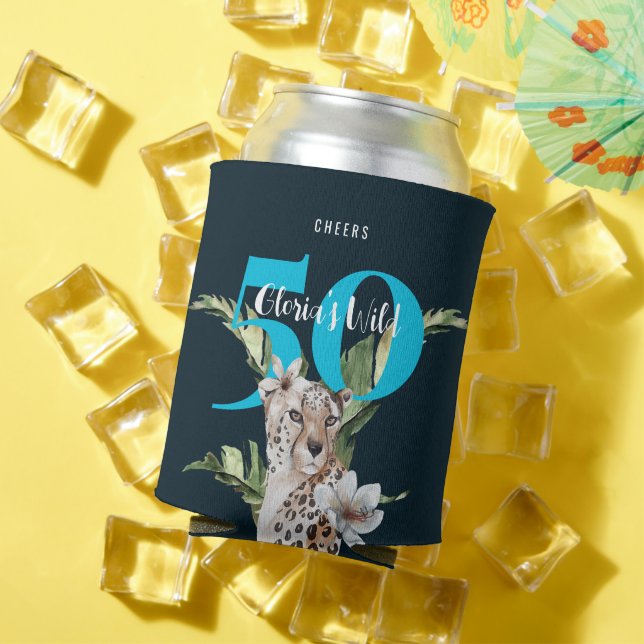 Wild Jungle Leopard Blue 50th Birthday  Can Cooler (In Situ Summer)