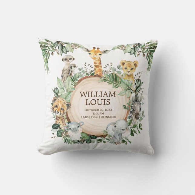 Wild Jungle Safari Animals Birth Stats Boy Nursery Cushion (Front)