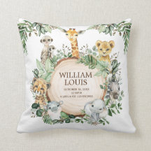 Wild Jungle Safari Animals Birth Stats Boy Nursery Cushion
