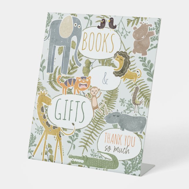 Wild Jungle Safari Animals Botanical Baby Shower Pedestal Sign (Front)