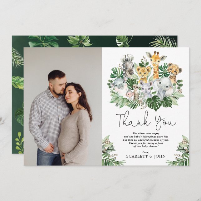 Wild Jungle Safari Animals Tropical Baby Shower Thank You Card (Front/Back)