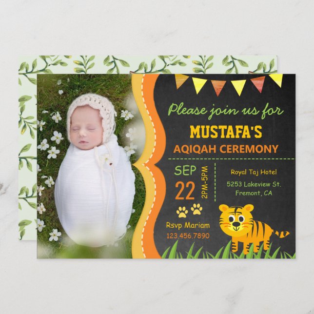 Wild Jungle Safari Baby Tiger Aqiqah Photo Invitation (Front/Back)