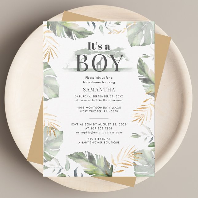 Wild Jungle Safari Botanical Boy Baby Shower Invitation (Its A Boy Jungle Baby Shower Invitation)
