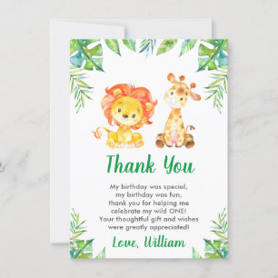 Wild Jungle Safari Boy 1st First Birthday Party Thank You Card