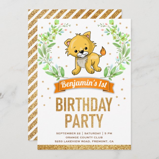 Wild Jungle Safari Cute Baby Lion Birthday Party Invitation (Front/Back)