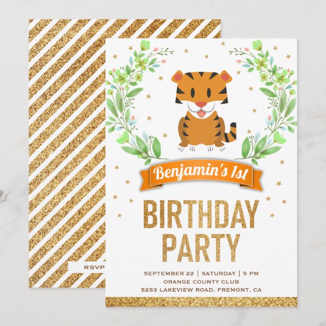 Wild Jungle Safari Cute Baby Tiger Birthday Party Invitation (Front/Back)