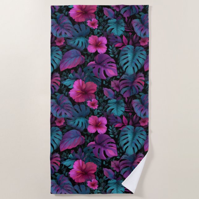 "Wild Jungle" Seamless Pattern with Neon Hibiscus Beach Towel (Front)