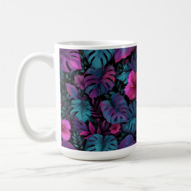 "Wild Jungle" Seamless Pattern with Neon Hibiscus Coffee Mug (Left)