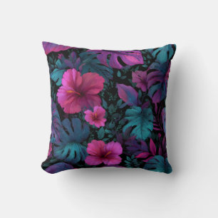 "Wild Jungle" Seamless Pattern with Neon Hibiscus Cushion