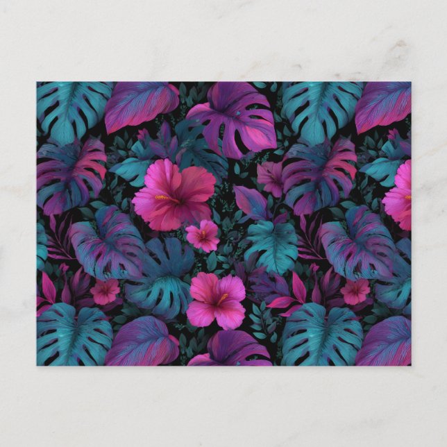 "Wild Jungle" Seamless Pattern with Neon Hibiscus Postcard (Front)