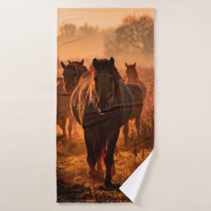 wild konik horses wich came running straight towar bath towel