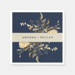 Wild Leaves Navy Blue Floral Wedding Napkin