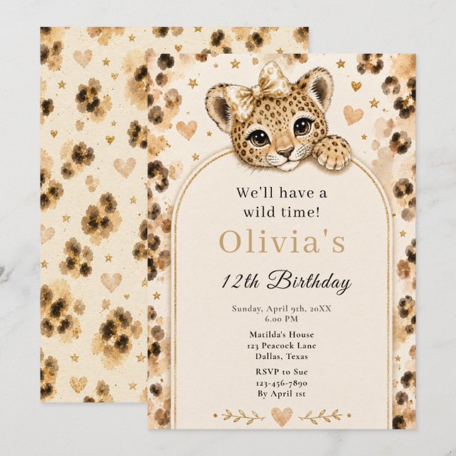 Wild Leopard 12th Birthday Party Invitation (Front/Back)