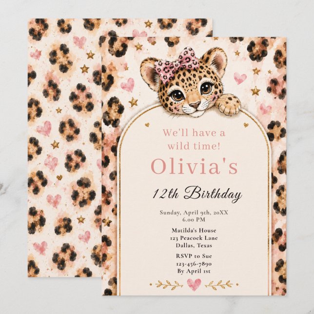 Wild Leopard 12th Birthday Party Invitation (Front/Back)