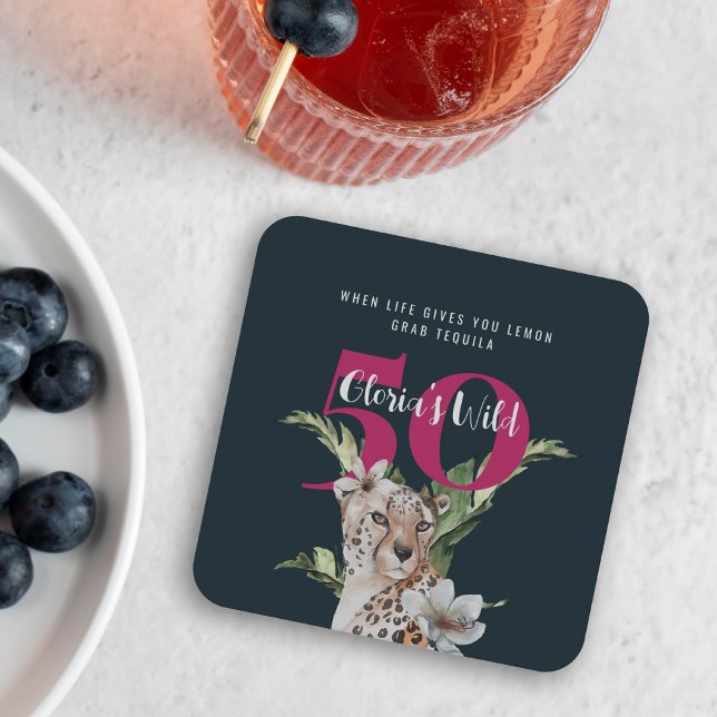 Wild Leopard Animals Pink 50th Birthday Square Paper Coaster (Creator Uploaded)