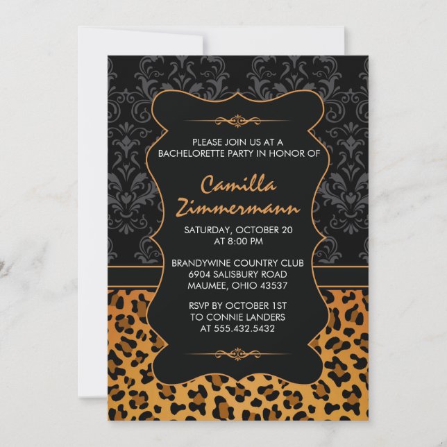 Wild Leopard & Fancy Damask Bachelorette Party Invitation (Front)