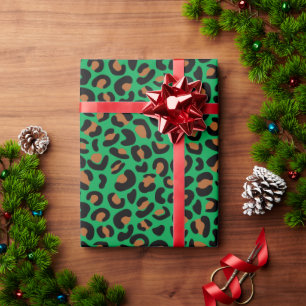 Wild Leopard Pattern Christmas Gift Green Seamless Wrapping Paper