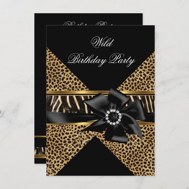 Wild Leopard Zebra Black Bow Gold Birthday Party Invitation (Front/Back)