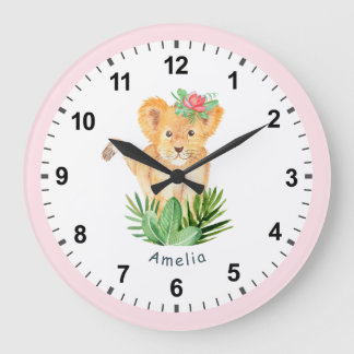Wild Lion Cub Fun Jungle Safari Girl's Room Decor Large Clock