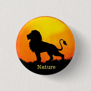 Wild lion, sunrise & calligraphy on a jungle 3 cm round badge