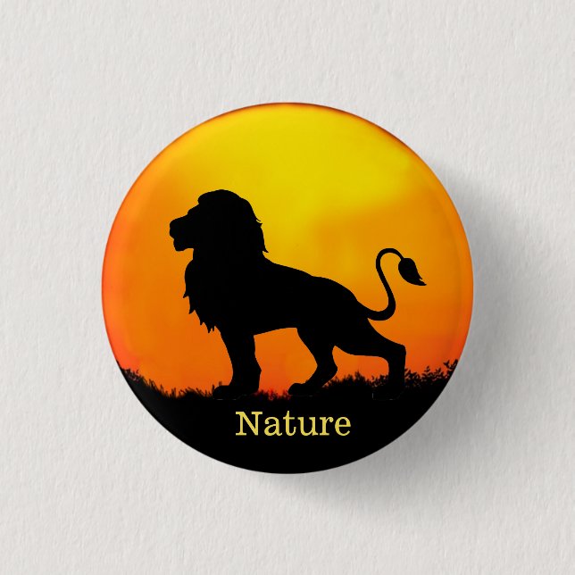 Wild lion, sunrise & calligraphy on a jungle 3 cm round badge (Front)