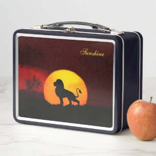 Wild lion, sunrise & calligraphy on a jungle metal lunch box