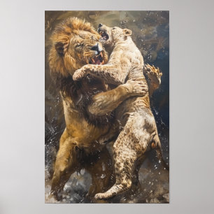 Wild Lion Wrestling Bear Poster