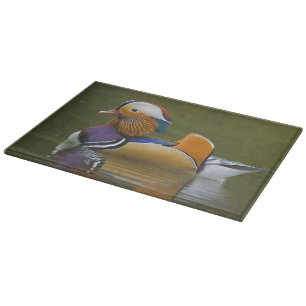 Wild Mandarin Duck Aix galericulata) on dark Cutting Board